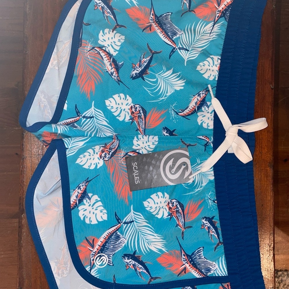 Blue and White Scales Tropical Fish Print Board Shorts with Drawstring